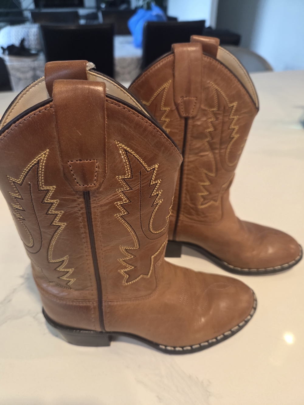 Old West Kids Brown Western Pull-On Cowboy Boots with Gold Stitching